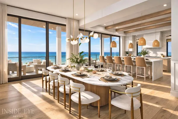 a dining room with wooden floor a glass table and chairs