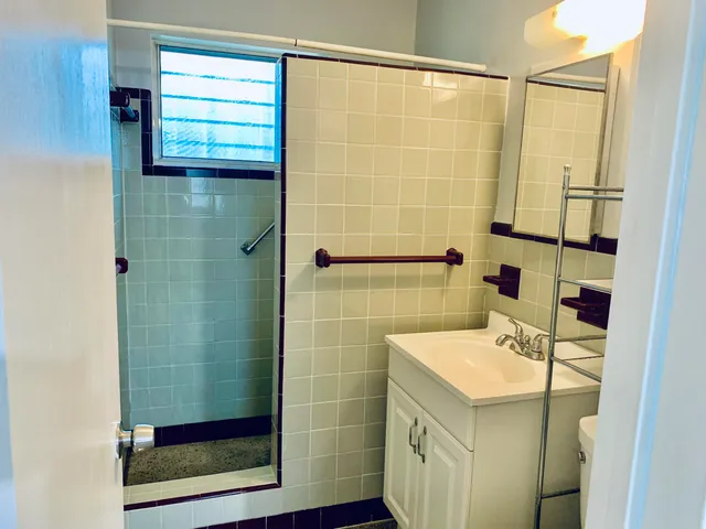 a bathroom with a sink a shower and a mirror