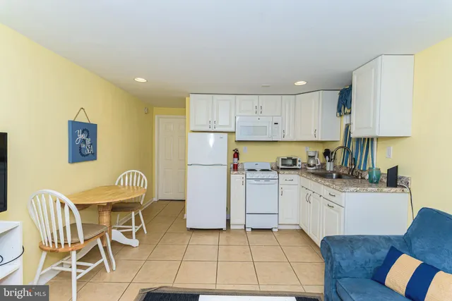 a kitchen with a dining table chairs and white appliances