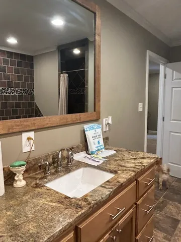 a bathroom with a granite countertop sink and a toilet