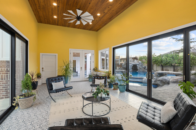 1263 Chapman Court Alpine, UT 84004 - Photo 60 of 83 Sunroom with french doors, a high wooden ceiling, and recessed lighting
