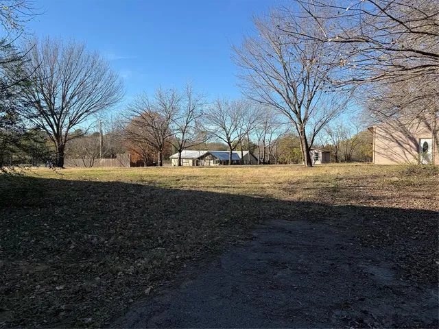 a view of dirt yard with a large tree