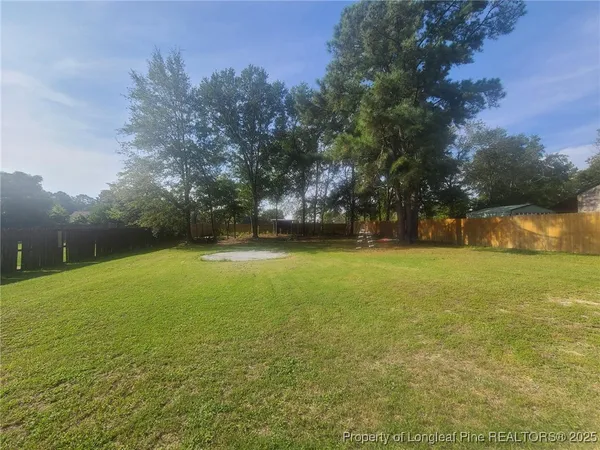 a view of yard with swimming pool and green space