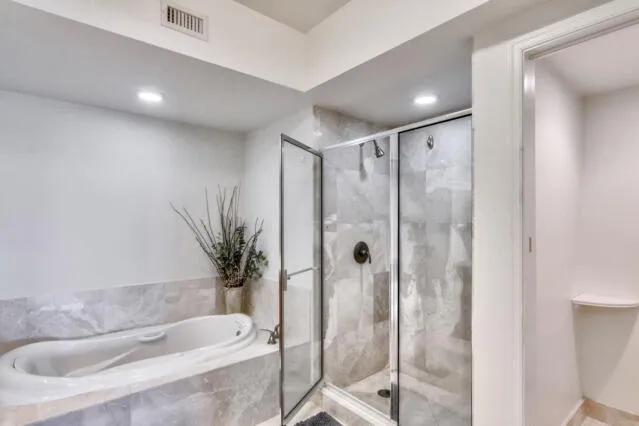 a bathroom with a bathtub and a shower