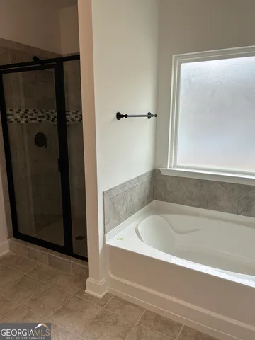 a bathroom with a bathtub and shower