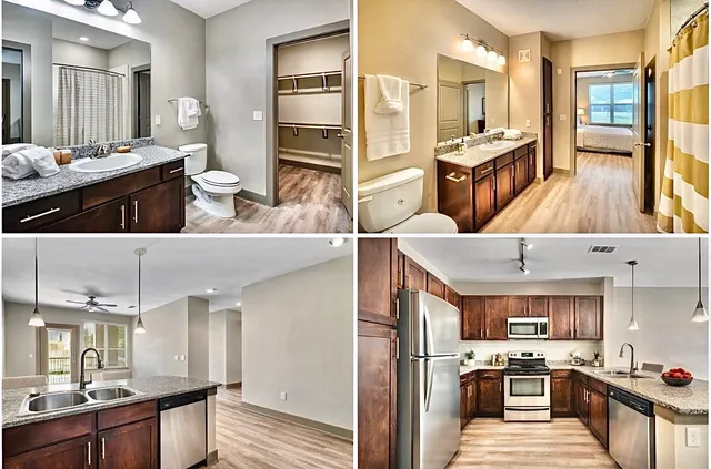 a kitchen with stainless steel appliances kitchen island granite countertop a refrigerator and a stove top oven