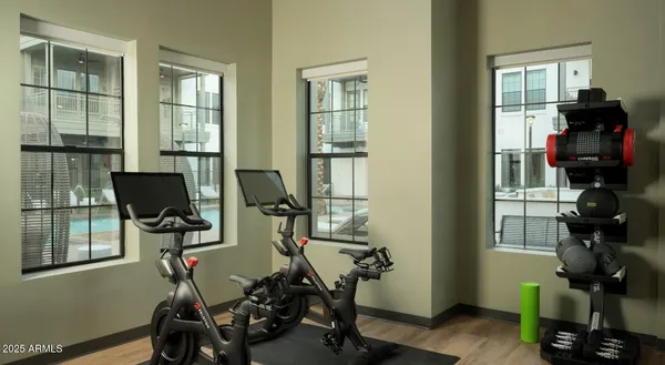 a room with gym equipment and windows