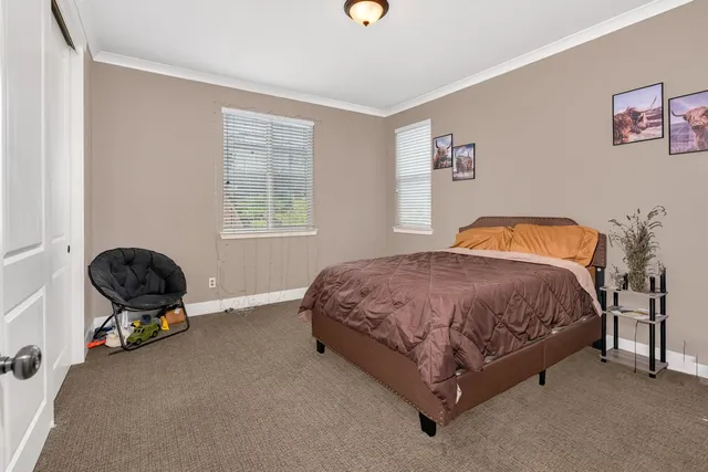a bedroom with a large bed and a chandelier