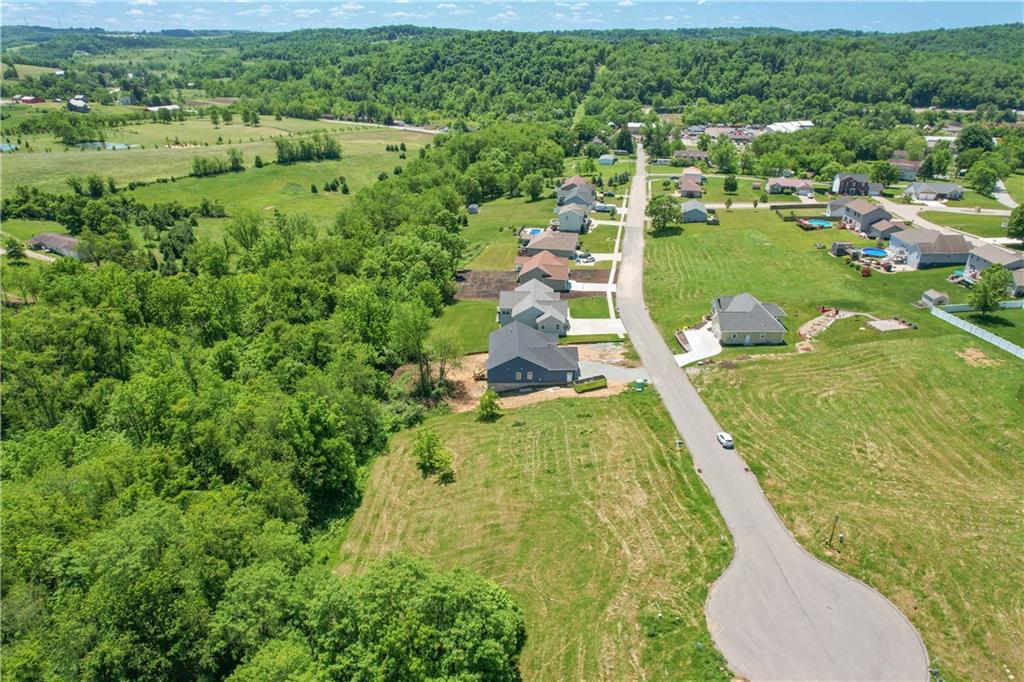 an aerial view of residential houses with outdoor space and trees