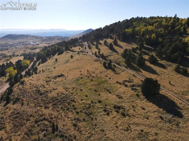 a view of a dry yard with mountains in the background