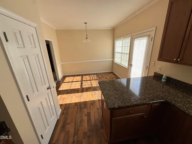 a view of a kitchen from a window