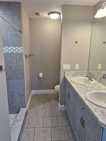 a bathroom with a granite countertop sink a toilet and a shower