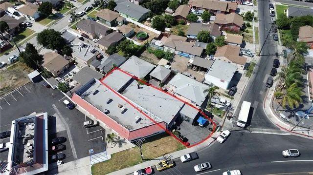 an aerial view of a building with outdoor space