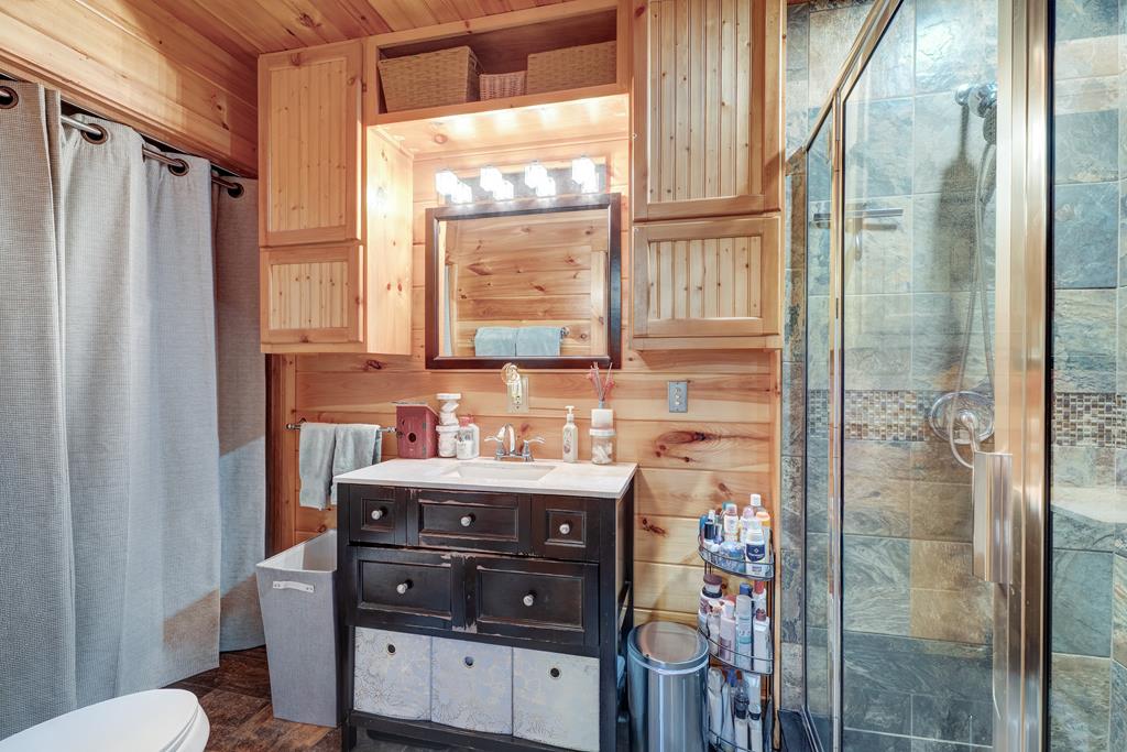388 Cozy Cove Road Blairsville, GA 30512 - Photo 16 of 44 a bathroom with a sink a toilet and shower