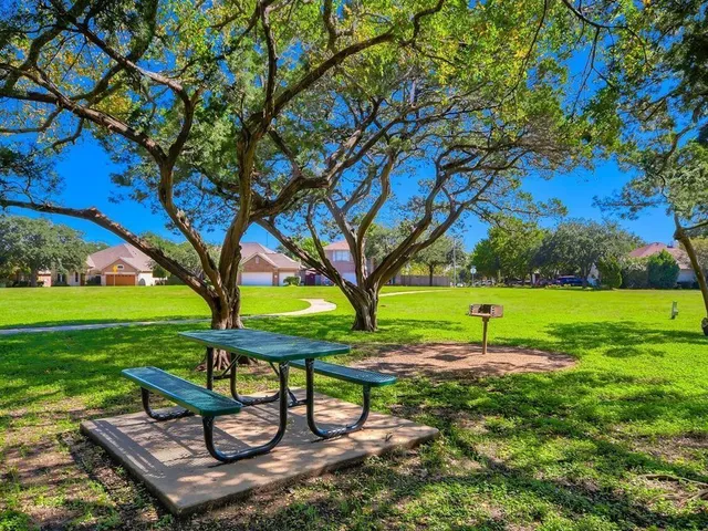 a view of a park with large trees