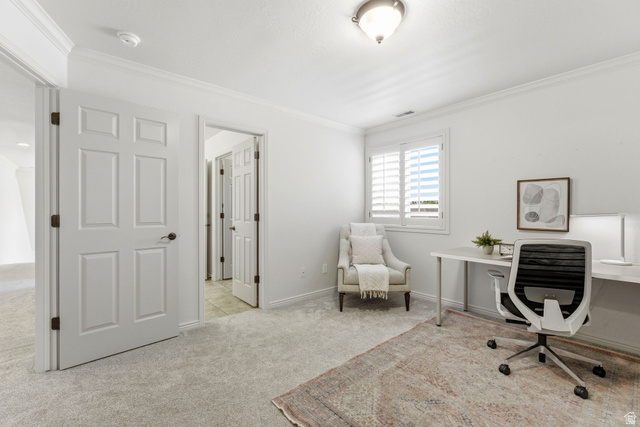 1712 Somerset Ridge Drive Draper, UT 84020 - Photo 46 of 76 Room featuring plush carpet flooring, white paneled doors, crown molding, and a window with plantation shutters