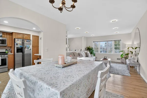 a view of a dining room with furniture