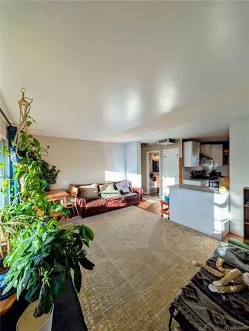 a living room with furniture and a potted plant