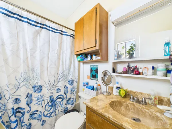 a bathroom with a shower curtain a sink a toilet and curtain