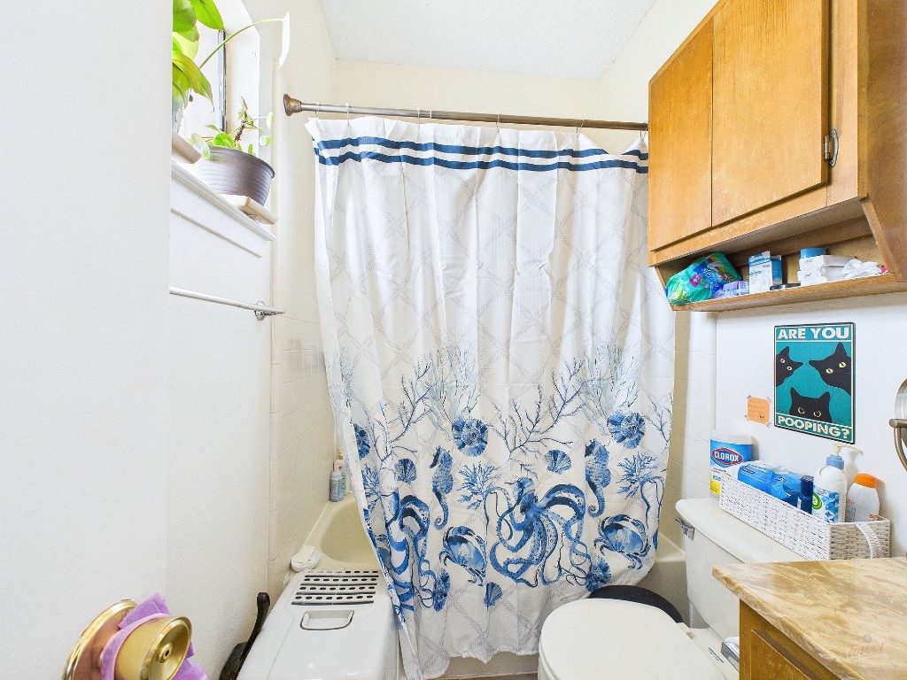 3316 Guadalupe Street, Unit 321 Austin, TX 78705 - Photo 8 of 13 a bathroom with a shower curtain a sink a toilet and curtain
