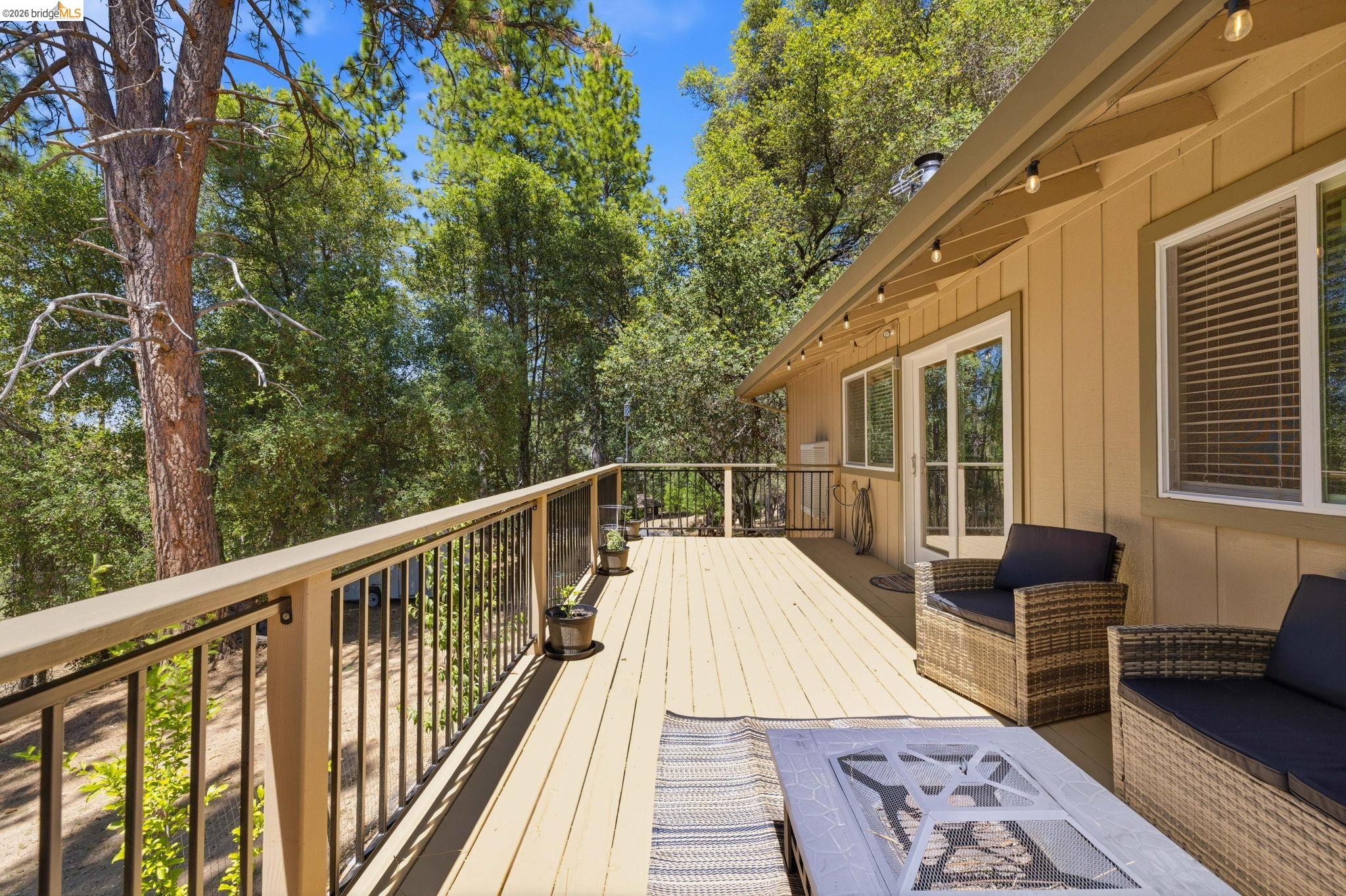 19059 Raboul Court Groveland, CA 95321 - Photo 18 of 21 Expansive outdoor deck featuring wood-finish flooring, a black metal and wood-finish railing, and exposed string lighting