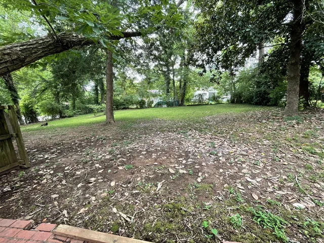a view of a field with trees in the background
