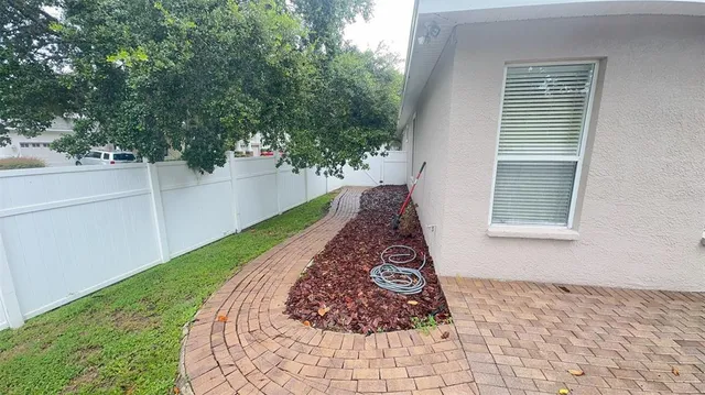 a view of a backyard with potted plants