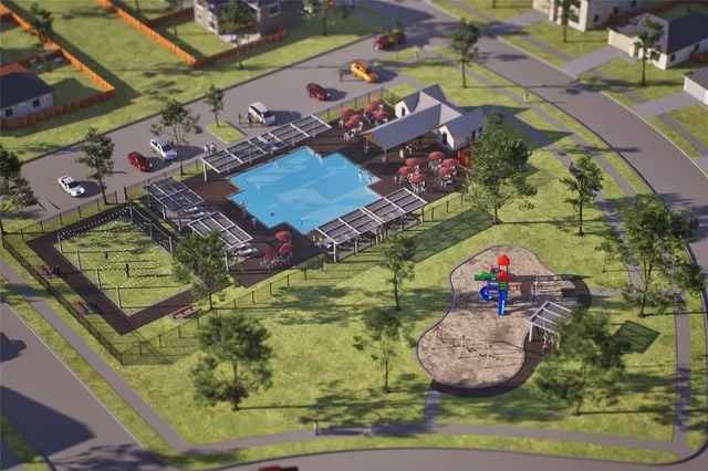 an aerial view of a backyard