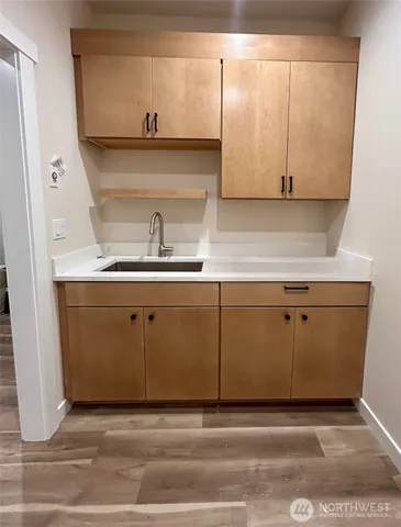 a kitchen with a sink and cabinets