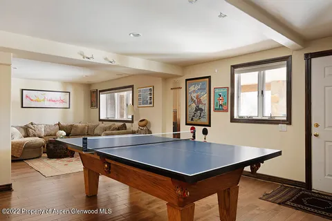 a view of a dining room with furniture