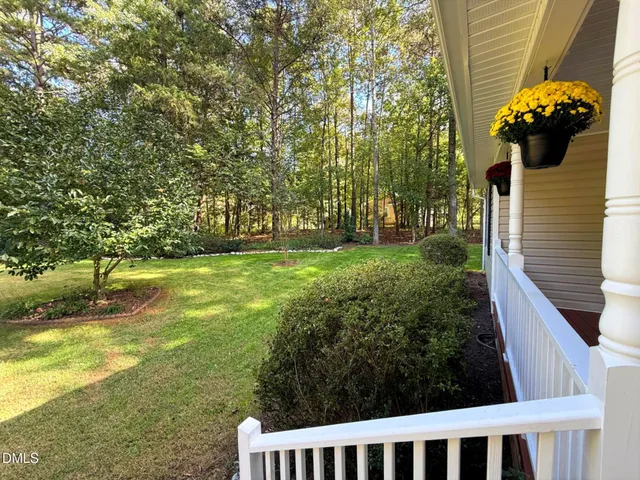 a view of a garden with a fountain