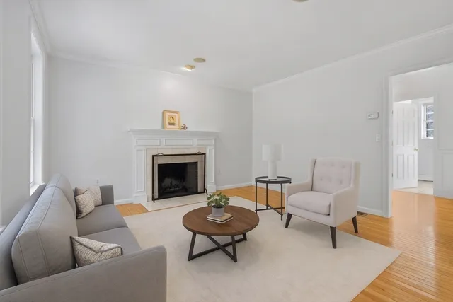 a living room with furniture a rug and a fireplace