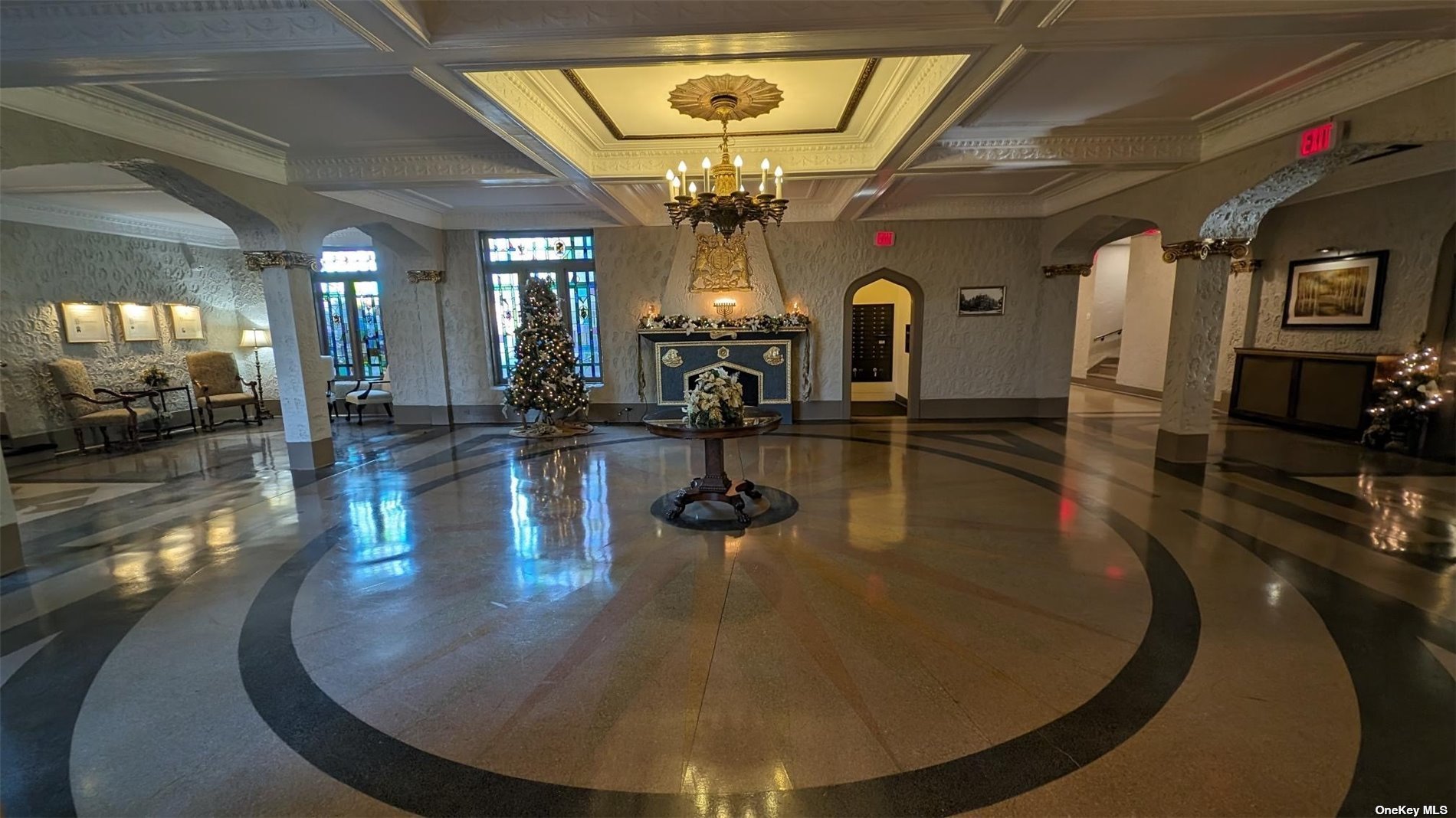 a view of a lobby with a chandelier