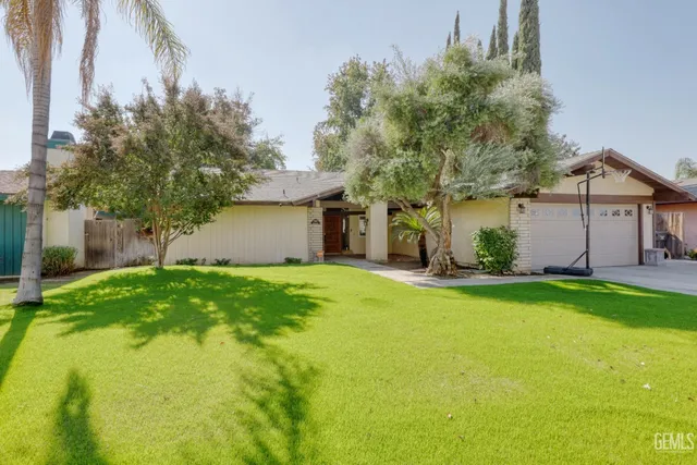 a backyard of a house with plants and large tree