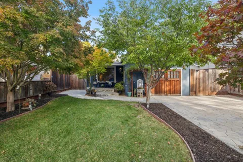 a view of a yard with a table and chairs and a large tree