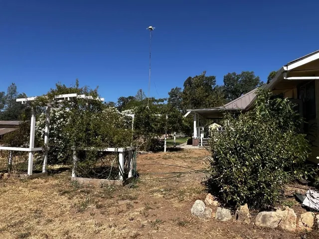 a front view of a house with a yard and potted plants