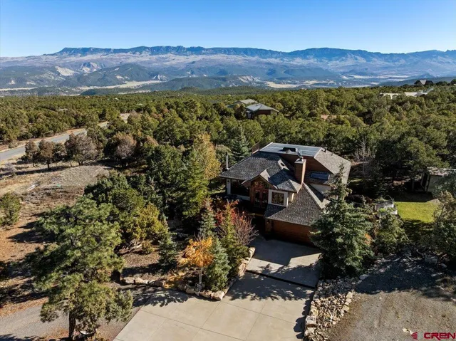 an aerial view of a and mountain