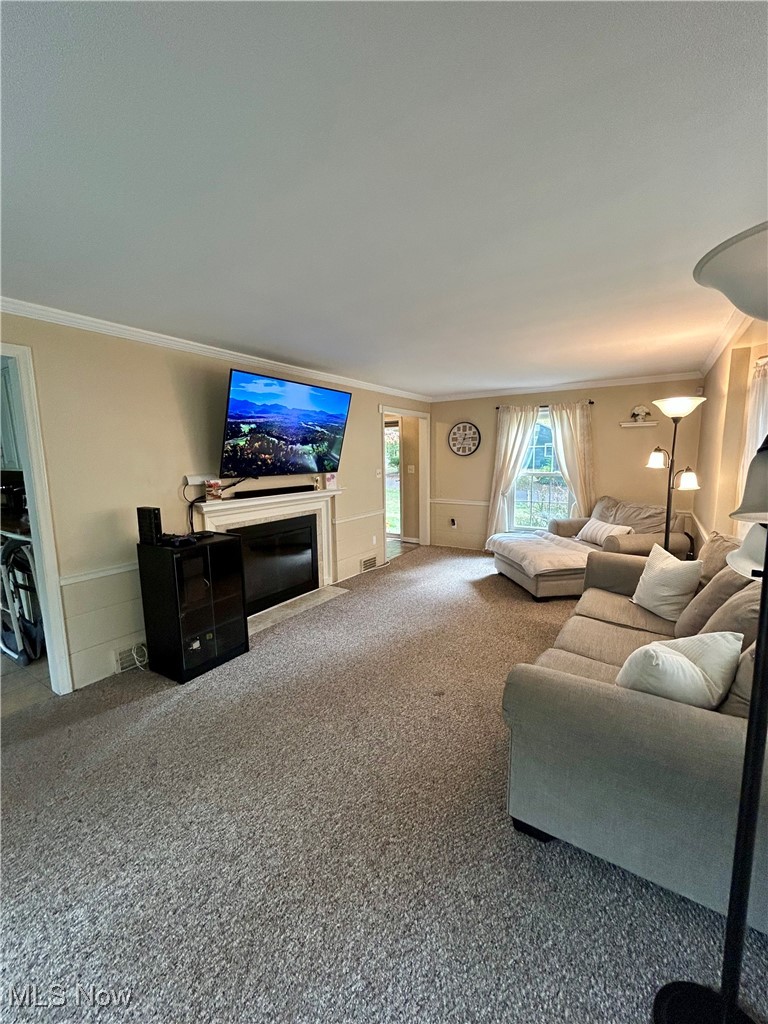 2113 Stabler Road Akron, OH 44313 - Photo 11 of 39 Carpeted living room featuring crown molding and a glass covered fireplace