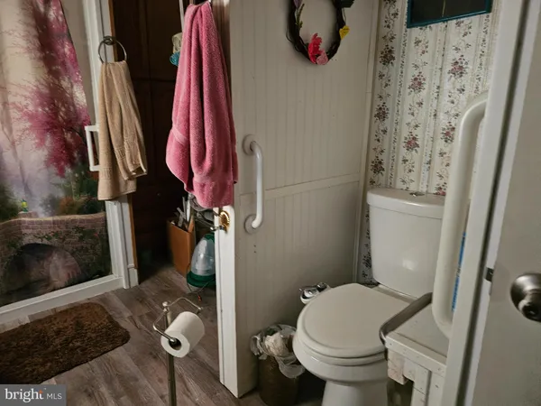 a bathroom with a toilet and a shower curtain