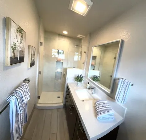 a bathroom with a sink a mirror a toilet and a shower