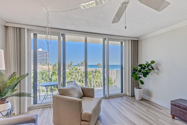 a living room with furniture and a potted plant
