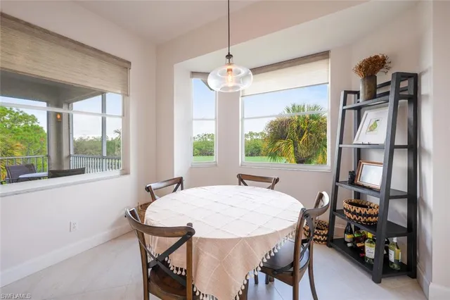 a view of a dining room with furniture window and outside view