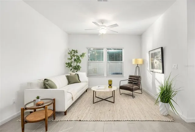 a living room with furniture and a potted plant