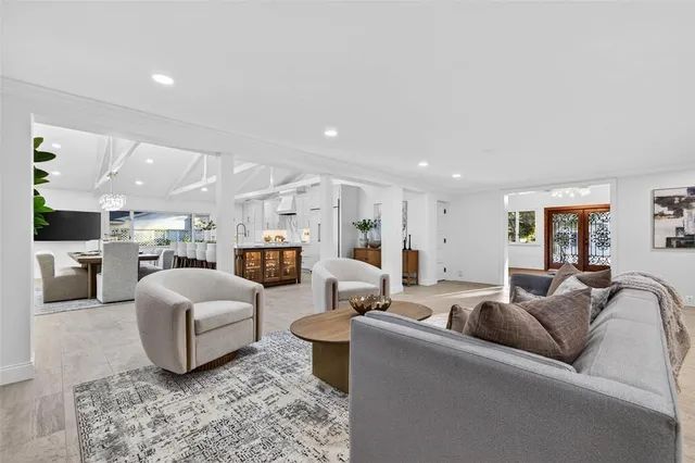 an aerial view of residential building with green space