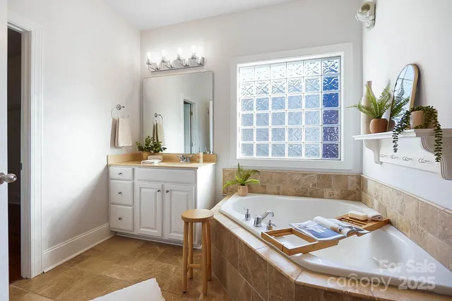 a bathroom with a tub sink and mirror