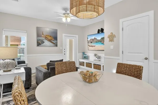 a view of a dining room with furniture