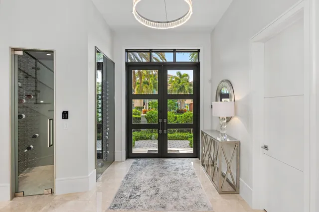 a view of a room that has a large window