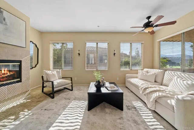 a living room with furniture and a fireplace