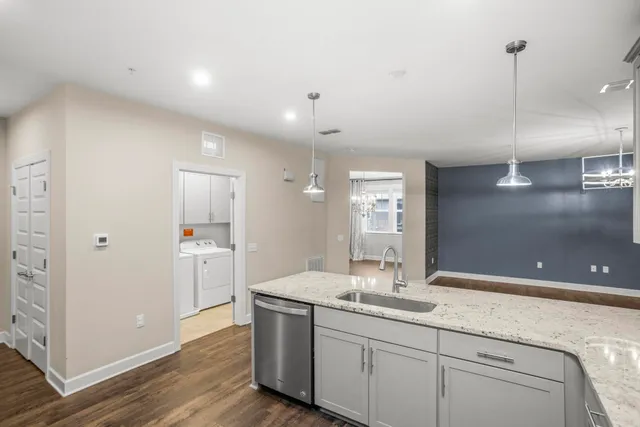 a bathroom with a double vanity sink a mirror and a shower