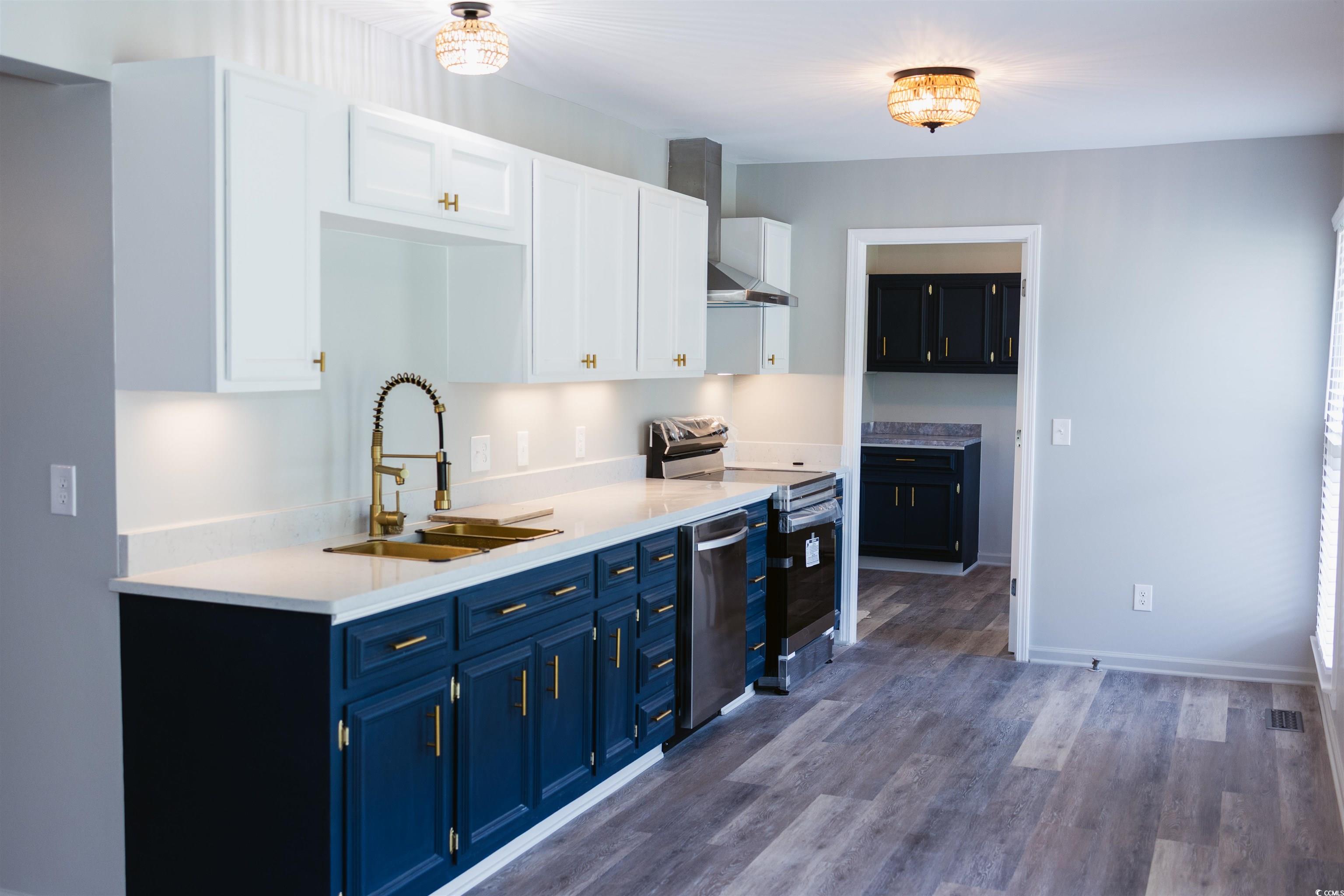 2851 Highway 984 Galivants Ferry, SC 29544 - Photo 18 of 23 Kitchen with white cabinetry, stainless steel appliances, dark wood-style floors, wall chimney range hood, and blue cabinets